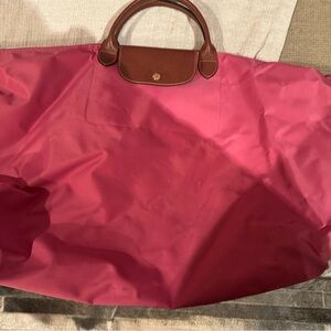 Large Longchamp Pink Tote Bag with Brown Accents